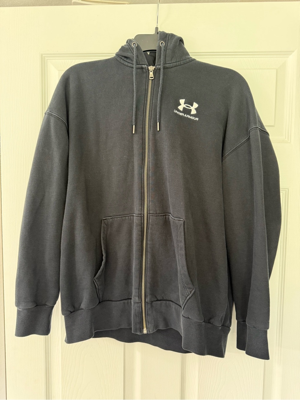 Under Armour Men's Black Zip-Up Hoodie with White Logo Oversized